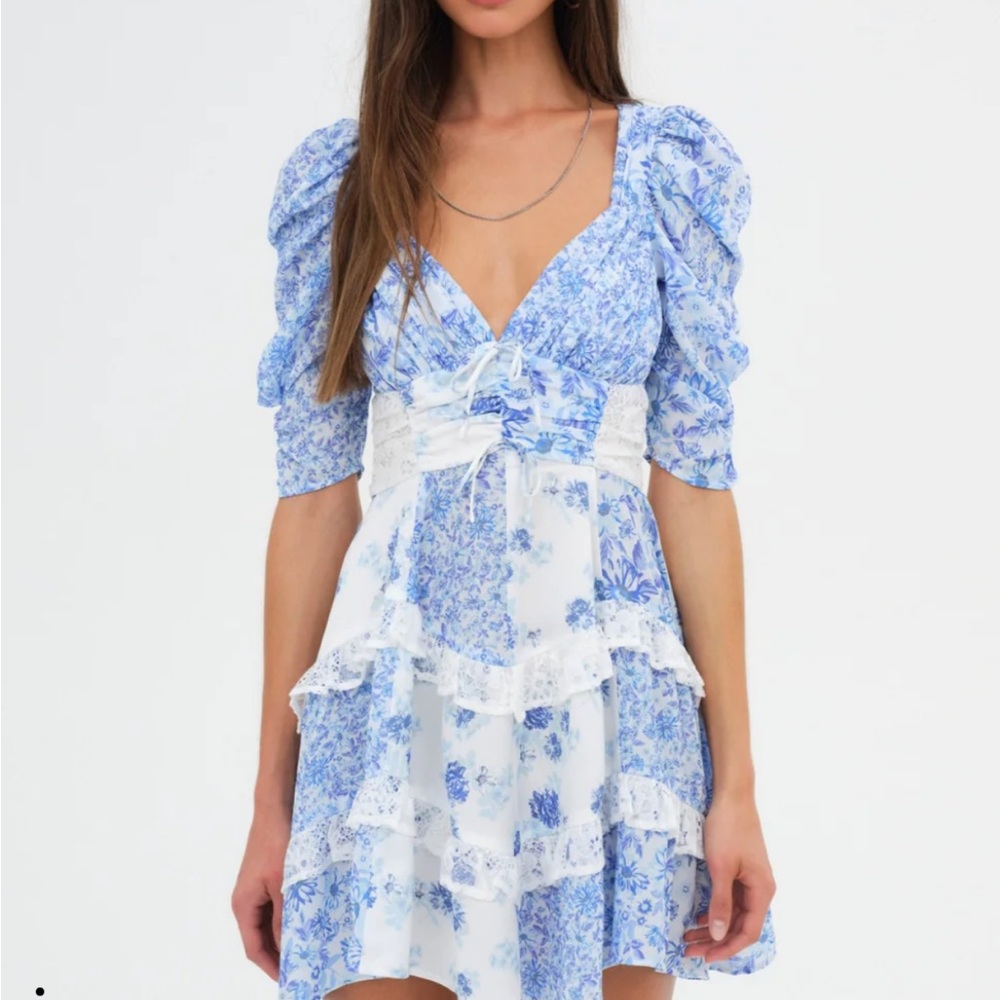 For Love & Lemons Blue and White Floral Lace-Up Tiered Mini Dress